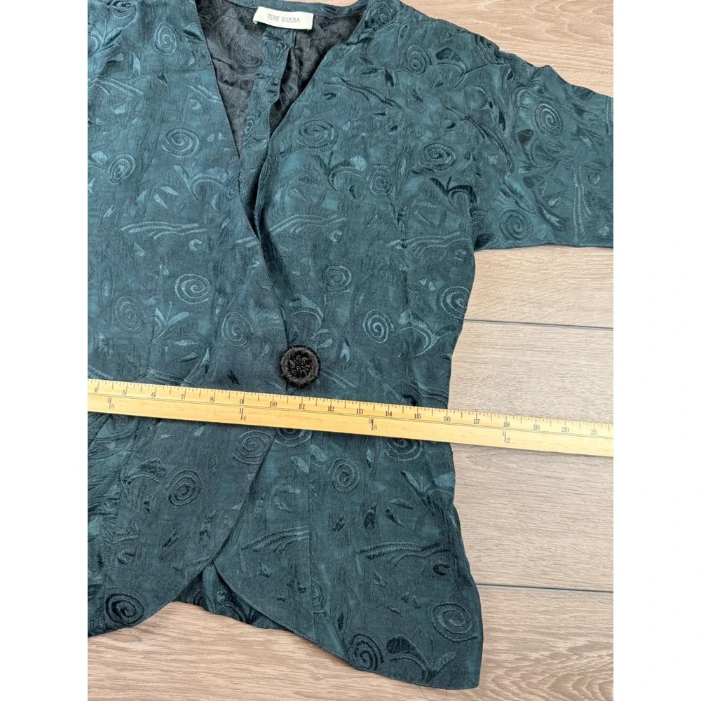 Tere Tereba Womens Blazer Jacket Floral Jacquard Single Button Teal Green Size 8